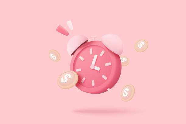 ilustrações de stock, clip art, desenhos animados e ícones de 3d alarm clock with investing money to grow in time concept. business investments earnings and financial savings, fast money, quick loan. 3d time illustration vector rendering in pink background - cheap currency coin finance