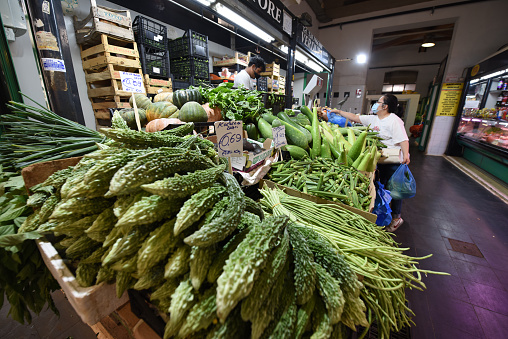 April 26, 2019. Athens, Greece. Greek meat market concept. Intestines, bowels hanged from hook are sold, out of store