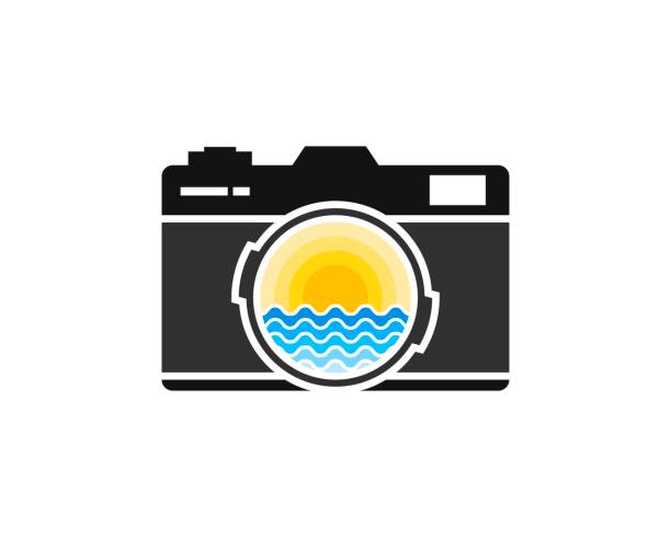 ilustrações, clipart, desenhos animados e ícones de câmera moderna com pôr do sol na praia dentro - sunset beach flash