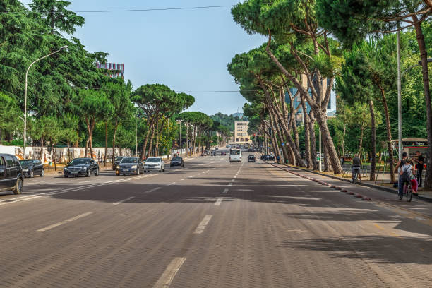 Tirana, Albania - June 21, 2021: Deshmoret e Kombit Boulevard in Tirana. Main street in Albanian capital