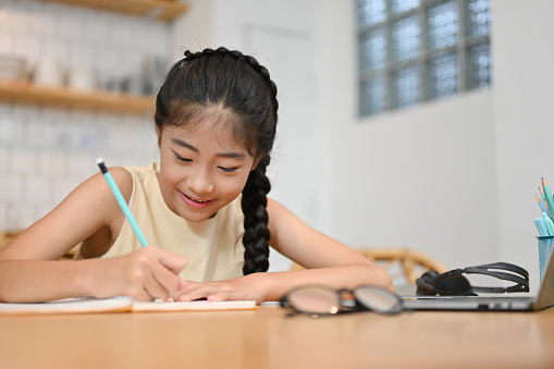 Lovely pretty Asian preteen girl doing a homework at desk or writing on a school notebook in the living room.