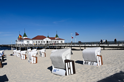 typical hooded beach chairs at a beach in north germany