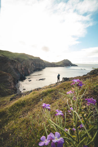 passionate traveller and hiker discovers the beauty of the ponta de sao lourenco area on the island of Madeira, Portugal at sunrise. A view of part of the wild nature of the peninsula stock photo
