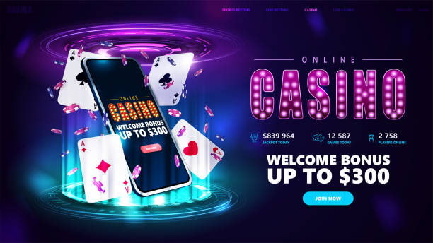 istock Online casino, banner for website with button, smartphone, poker chips and playing cards on blue and pink digital podium with hologram digital rings in dark room 1399148167