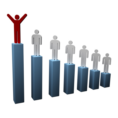 Businesswoman stepping up blue bar chart with red arrow