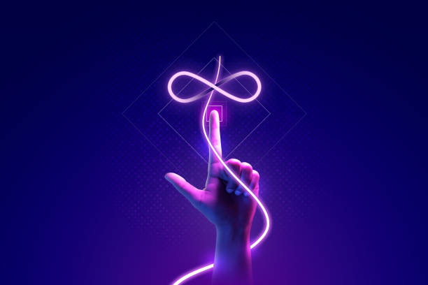 istock Hand touch metaverse infinite loop unlimited technology futuristic digital connection background of virtual reality cyberpunk world or internet game innovation cyber network and hologram experience. 1399148620