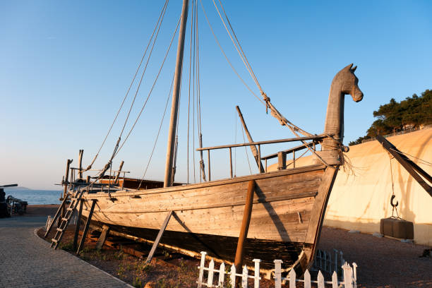 Antique Phoenicia ship hippoi in Urla Liman Tepe maritime archeology excavation and research center. Urla, İzmir, Turkey - May 2022: Ancient Phoenician civilization ship hippoi in Urla Liman Tepe maritime archeology excavation and research center. phoenician stock pictures, royalty-free photos & images