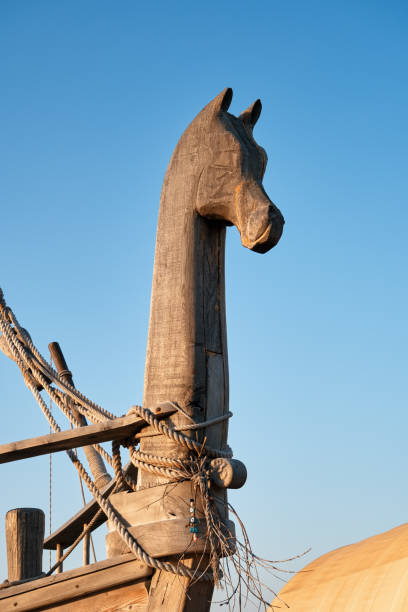 The immortal horse head of antique Phoenicia ship hippoi in Urla Liman Tepe maritime archeology excavation and research center. Urla, İzmir, Turkey - May 2022: The immortal horse head of ancient Phoenicia ship hippoi in Urla Liman Tepe maritime archeology excavation and research center. phoenicia stock pictures, royalty-free photos & images