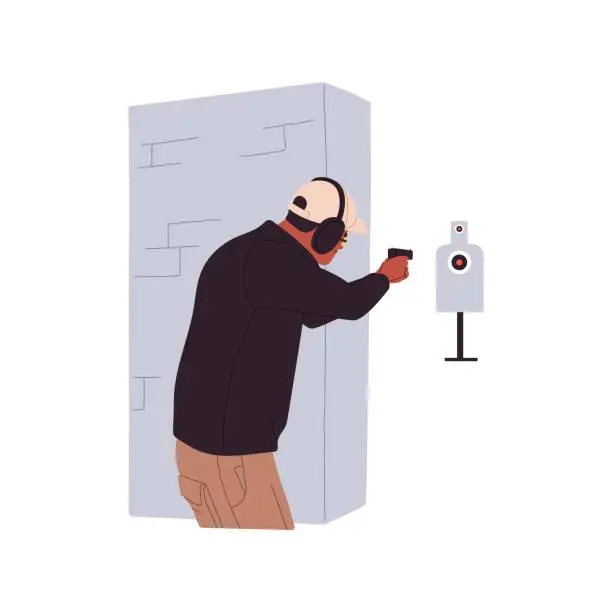 Vector illustration of Man with handgun aiming at target at shooting range. Shooter in headphones in stand stance behind wall, firing with pistol gun, pointing at goal. Flat vector illustration isolated on white background