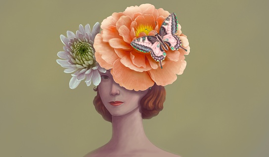 Flowers and butterfly on a women face. portrait artwork. concept art of nature and botanical. surreal painting.