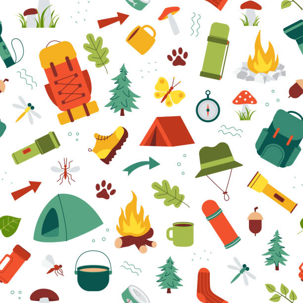 illustrazioni stock, clip art, cartoni animati e icone di tendenza di modello senza cuciture di attrezzatura da trekking per campeggio estivo, trekking - field trip illustrations