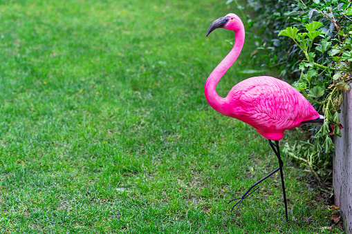 Pink flamingo yard decor statue outdoors.