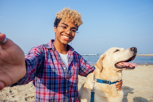 happy african american woman hugging her dog in tropical beach. she makes selfie on camera smart phone .