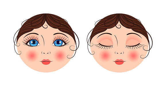 Beautiful Doll Face Close Up. Template. Matryoshka Doll with Open and Closed Eyes. Pretty Blue Eyes, Lush Eyelashes and Red lips. Female face with Brown Hair and Curls. Color Cartoon style. Vector.