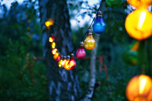 String of lights hanging on the tree. Garden party. Romantic place. Colorful light bulbs. Evening atmosphere, festive mood. Weekend, vacation or everyday relaxing in the garden.