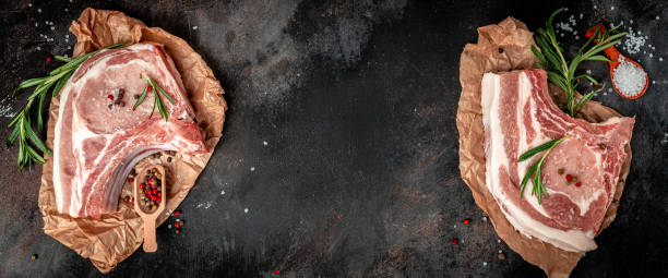 istock raw pork chop steak. sliced raw pork meat. Long banner format. top view 1399151941