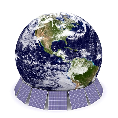 Solar panels renewable energy global environmental conservation\n\n++ The World map texture derived from public domain NASA: https://visibleearth.nasa.gov/images/74368 ++