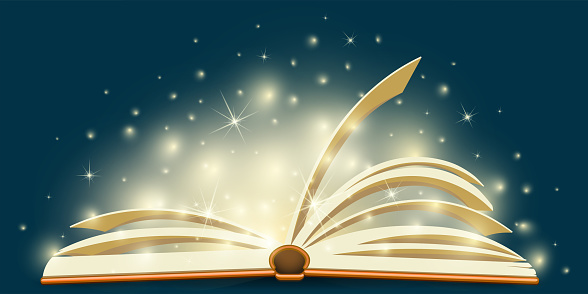 Cartoon open shiny magic book concept with lights and sparkles