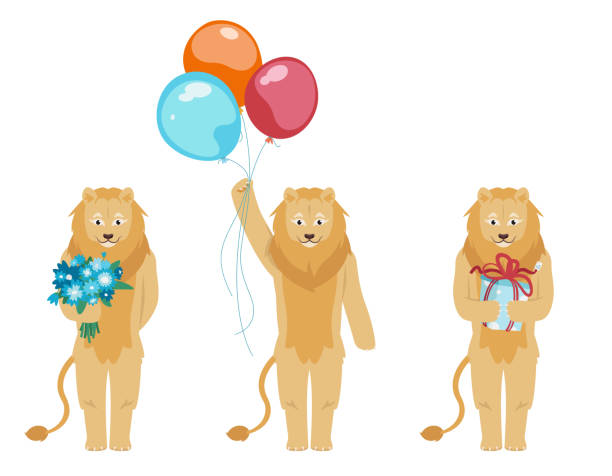 лев с различными праздничными атрибутами. - birthday balloon bouquet clip art stock illustrations