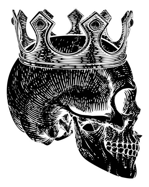 illustrazioni stock, clip art, cartoni animati e icone di tendenza di skull human skeleton king che indossa la corona reale - amleto