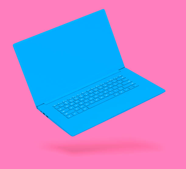 istock Blue laptop with blank screen on pink 1399153469