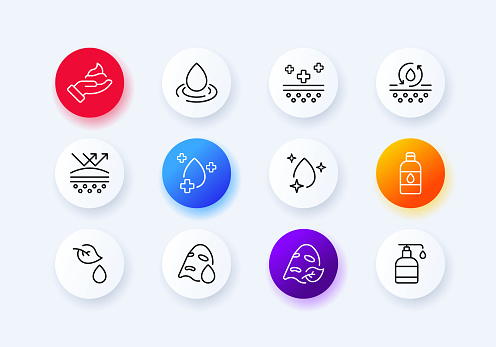 Moisturizing set icon. Cream, skin moisturizing, pore and acne protection, face mask, soap, antiseptic, etc. Self care concept. Neomorphism style. Vector line icon for Business and Advertising