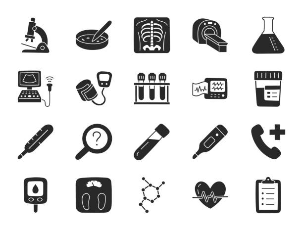 Medical checkup doodle illustration including flat icons - xray, ultrasound, checklist, blood test, petri dish, thermometer. Glyph silhouette art about health diagnostic equipment. Black Color Medical checkup doodle illustration including flat icons - xray, ultrasound, checklist, blood test, petri dish, thermometer. Glyph silhouette art about health diagnostic equipment. Black Color. blood testing stock illustrations