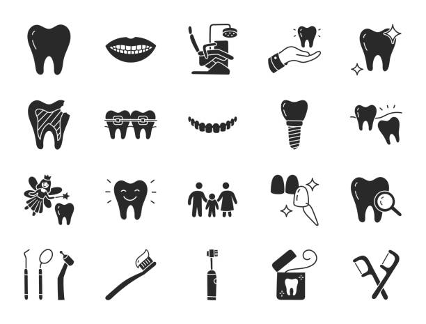 平らなアイコンを含む歯科医院の落書きイラスト - 親知らず、ベニヤ、歯のホワイトニング、中括弧、インプラント、歯ブラシ、う蝕、フロス、口。口内科学に関するグリフシルエットアー� - veneer点のイラスト素材／クリップアート素材／マンガ素材／アイコン素材