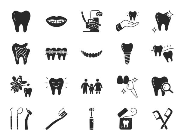 플랫 아이콘을 포함한 치과 클리닉 낙서 일러스트 레이 션 - 사랑니, 베니어, 치아 미백, 중괄호, 임플란트, 칫솔, 충치, 치실, 입. 구내과에 관한 글리프 실루엣 예술. 블랙 컬러 - veneer stock illustrations