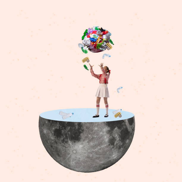 коллаж современного искусства. концептуальный образ с молодой девушкой, стоящей на планете и ловящей много мусора, падающего на землю - social awareness symbol фотографии стоковые фото и изображения