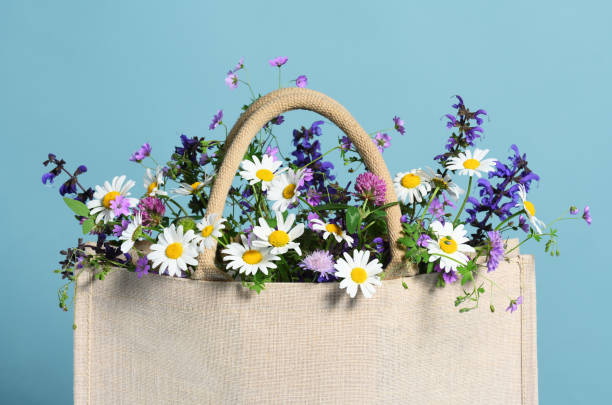Beige cotton tote bag with wildflowers