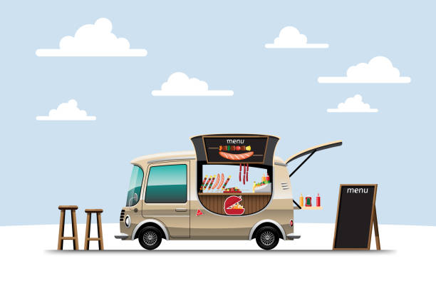 istock The food truck side view with menu barbecue vector 1399156686