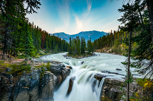 Upper Sunwapta Falls in Jasper National Park, Canada. The water originates from the Athabasca Glacier
