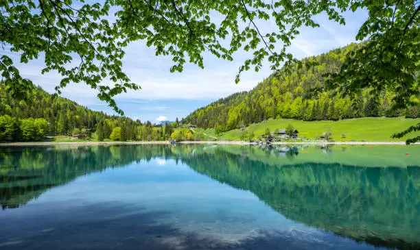 Landscape reflected in the idyllic Hintersteiner See in Tirol, spring time, Austria. Europe