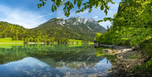 Mountain landscape reflected in the idyllic Hintersteiner See in Tyrol, Austria. Europe