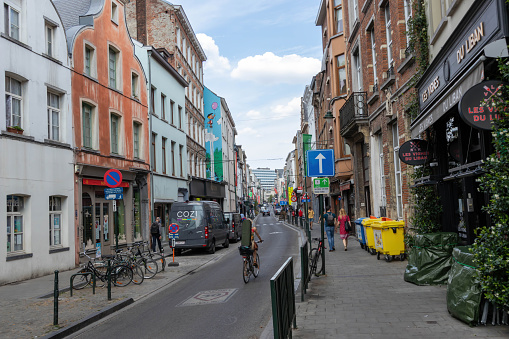 Brussels, Belgium - July 16, 2018: The main shopping street is Rue Haute (high street) and it's lined with vintage shops, antique stores, and home decor shops with plenty of restaurants
