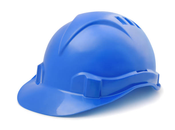 blauer kunststoff-schutzhelm - blue helmet stock-fotos und bilder