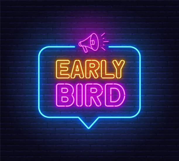 Early Bird neon sign in the speech bubble on brick wall background. Early Bird neon sign in the speech bubble on brick wall background . the early bird catches the worm stock illustrations