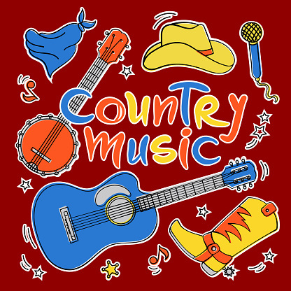 COUNTRY MUSIC CUTS American Cowboy Attributes And Symbols Western Music Festival Country Vector Illustration Set For Print And Cutting