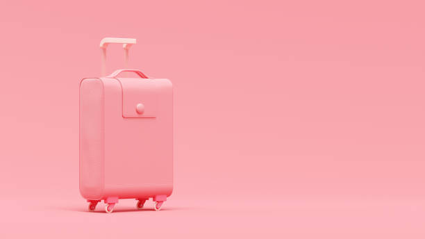 istock Minimal concept. Pink leather suitcase on pink background. 1399163599