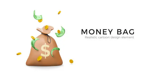 Vector illustration of Money bag with falling gold coins and green banknotes in cartoon realistic style. 3d design money element for banner or poste