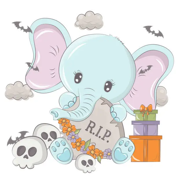 Vector illustration of Halloween elephant with cartoon skulls.