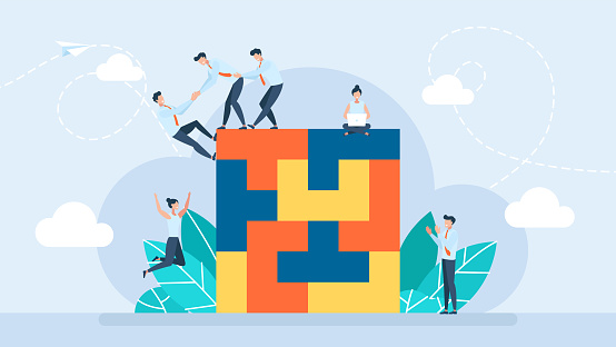 Tiny characters build business blocks. An orderly system, structure. Conceptual planning, teamwork, business support, building. Business illustration for UI, mobile app, web. Flat design vector