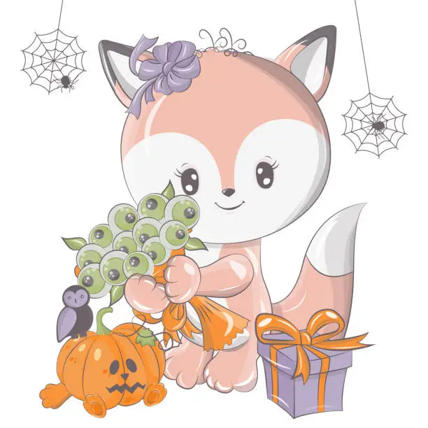 Vector illustration of Halloween fox illustration with pumpkin.