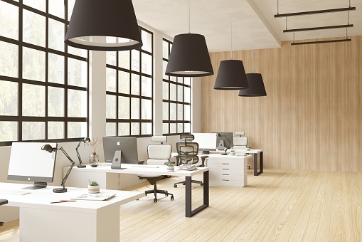 Three dimensional generated image of an office space with loft window and black lamps.