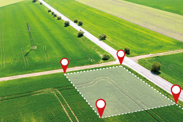 Czech realty business - Land plot in aerial view. Gps registration survey of property, real estate for map with location, area. Concept for residential construction development - buy and sell the house allotment stock photo