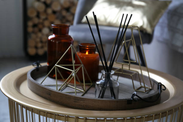istock Wooden tray with decorations on table in room 1399167691