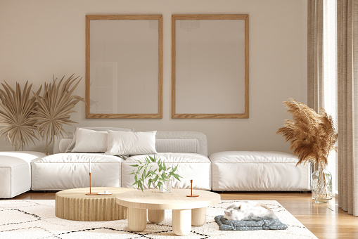 Boho style living room interior with white sofa, carpet on the floor and wooden coffee table. 3d R
render image.