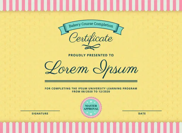 Vector illustration of Cute Certificate or Diploma with Cupcake and Ice Cream Style for Bakery or Patisserie in Pink, Blue and Yellow