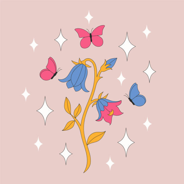 ilustrações de stock, clip art, desenhos animados e ícones de retro bluebell and sparkles. - summer backgrounds line art butterfly